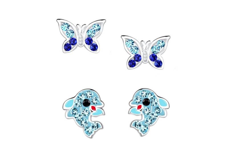 schmuck23 Ohrstecker-Set 2 x Kinderohrringe Delfin und Schmetterling 925 Silber (Geschenkset, Set aus 2 Paar Ohrringen mit 4 x extras Silikonverschluß), Mädchen Kinderschmuck 4 x Silikonverschluß extra von schmuck23