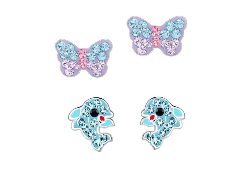 schmuck23 Ohrstecker-Set 2 x Kinderohrringe Delfin und Schmetterling 925 Silber (Geschenkset, Set aus 2 Paar Ohrringen mit 4 x extras Silikonverschluß), Mädchen Kinderschmuck 4 x Silikonverschluß extra von schmuck23