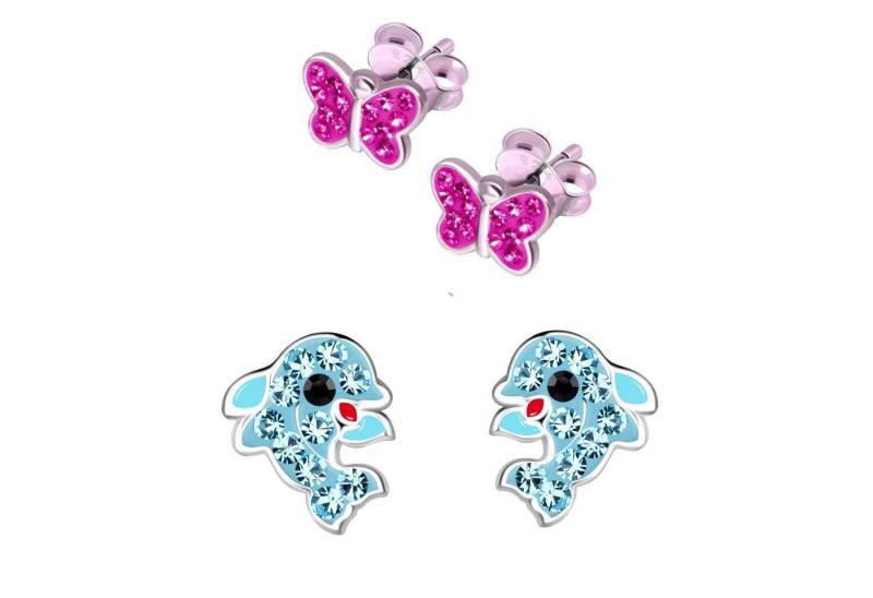 schmuck23 Ohrstecker-Set 2 x Kinderohrringe Delfin und Schmetterling pink 925 Silber (Geschenkset, Set aus 2 Paar Ohrringen mit 4 x extras Silikonverschluß), Mädchen Kinderschmuck 4 x Silikonverschluß extra von schmuck23