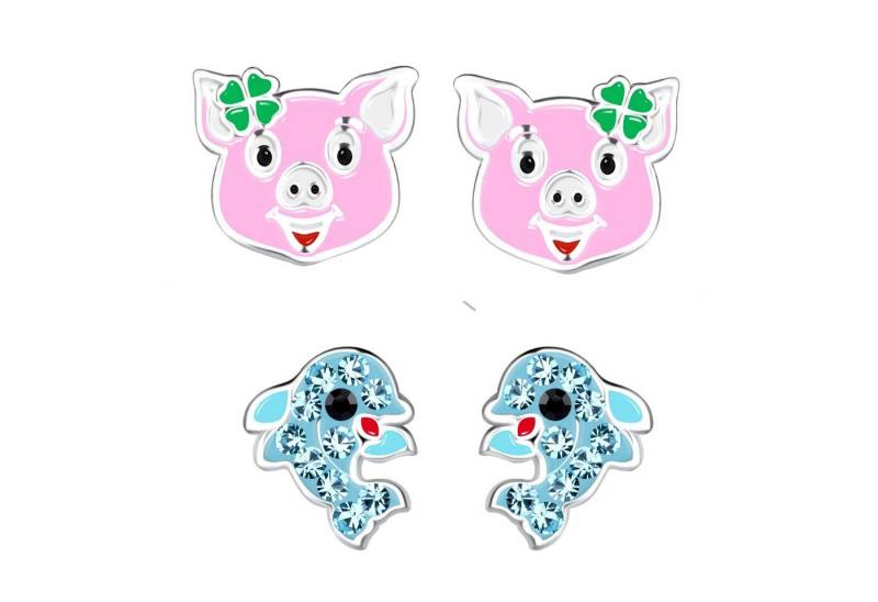 schmuck23 Ohrstecker-Set 2 x Kinderohrringe Delfin und Schwein pink 925 Silber (Geschenkset, Set aus 2 Paar Ohrringen), Mädchen Kinderschmuck 4 x Silikonverschluß extra von schmuck23
