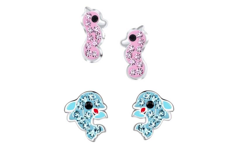 schmuck23 Ohrstecker-Set 2 x Kinderohrringe Delfin und Seepferdchen 925 Silber (Geschenkset, Set aus 2 Paar Ohrringen mit 4 x extras Silikonverschluß), Mädchen Kinderschmuck 4 x Silikonverschluß extra von schmuck23