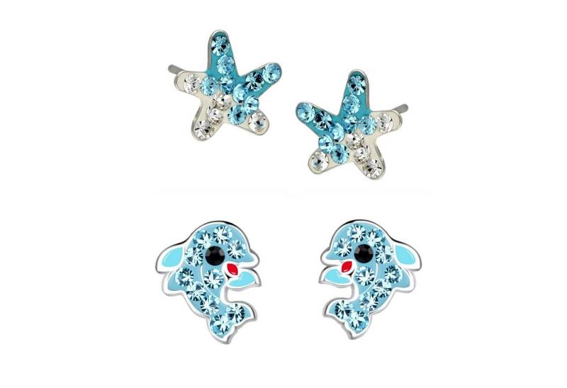 schmuck23 Ohrstecker-Set 2 x Kinderohrringe Delfin und Seestern 925 Silber (Geschenkset, Set aus 2 Paar Ohrringen mit 4 x extras Silikonverschluß), Mädchen Kinderschmuck 4 x Silikonverschluß extra von schmuck23