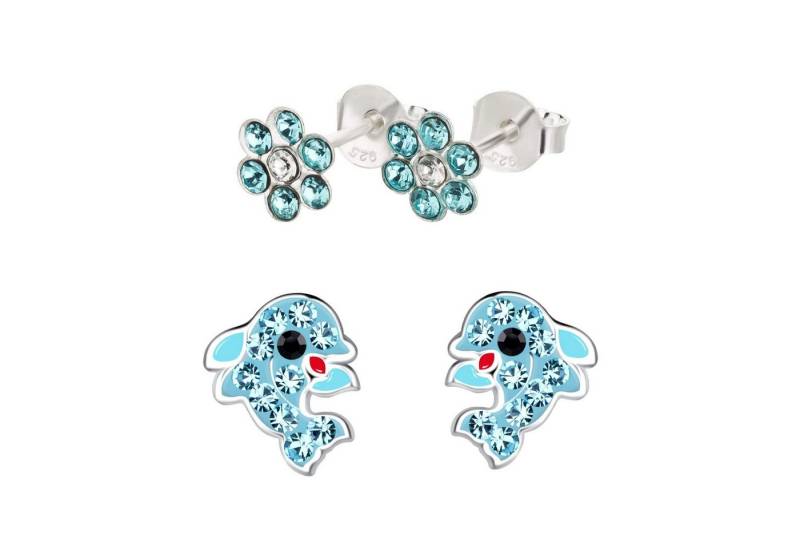schmuck23 Ohrstecker-Set 2 x Kinderohrringe Delfin und blaue Blume 925 Silber (Geschenkset, Set aus 2 Paar Ohrringen mit 4 x extras Silikonverschluß), Mädchen Kinderschmuck 4 x Silikonverschluß extra von schmuck23