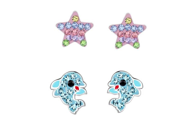 schmuck23 Ohrstecker-Set 2 x Kinderohrringe Delfin und bunter Stern 925 Silber (Geschenkset, Set aus 2 Paar Ohrringen mit 4 x extras Silikonverschluß), Mädchen Kinderschmuck 4 x Silikonverschluß extra von schmuck23