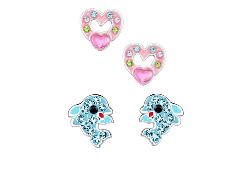 schmuck23 Ohrstecker-Set 2 x Kinderohrringe Delfin und buntes Herz 925 Silber (Geschenkset, Set aus 2 Paar Ohrringen mit 4 x extras Silikonverschluß), Mädchen Kinderschmuck 4 x Silikonverschluß extra von schmuck23