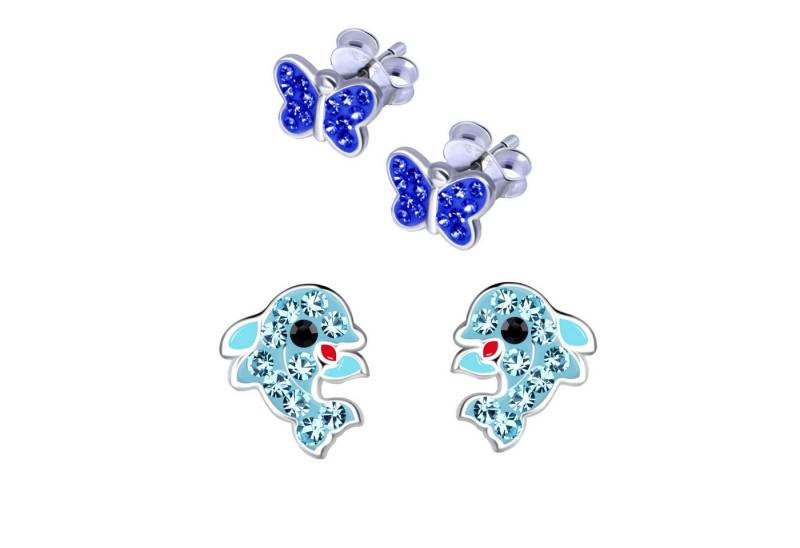 schmuck23 Ohrstecker-Set 2 x Kinderohrringe Delfin und kleiner Schmetterling 925 Silber (Geschenkset, Set aus 2 Paar Ohrringen mit 4 x extras Silikonverschluß), Mädchen Kinderschmuck 4 x Silikonverschluß extra von schmuck23