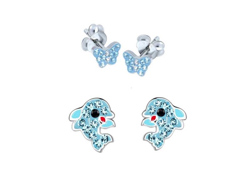 schmuck23 Ohrstecker-Set 2 x Kinderohrringe Delfin und kleiner Schmetterling 925 Silber (Geschenkset, Set aus 2 Paar Ohrringen mit 4 x extras Silikonverschluß), Mädchen Kinderschmuck 4 x Silikonverschluß extra von schmuck23