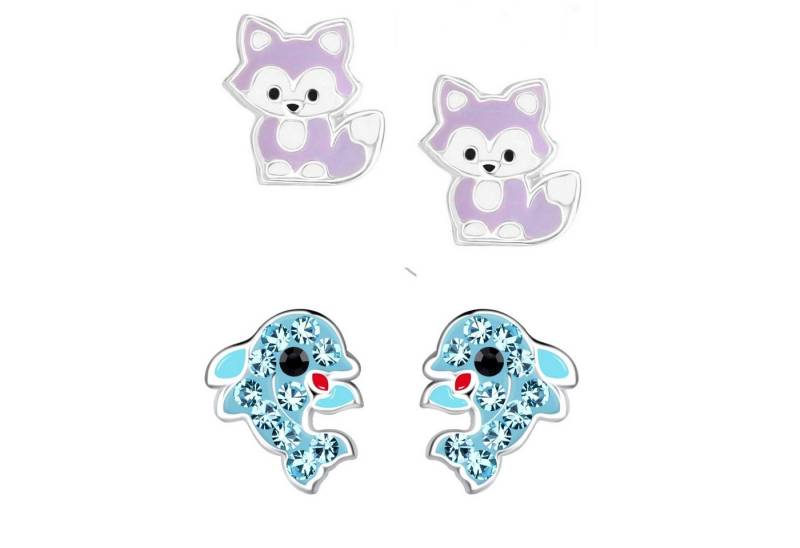 schmuck23 Ohrstecker-Set 2 x Kinderohrringe Delfin und lila Fuchs 925 Silber (Geschenkset, Set aus 2 Paar Ohrringen), Mädchen Kinderschmuck 4 x Silikonverschluß extra von schmuck23