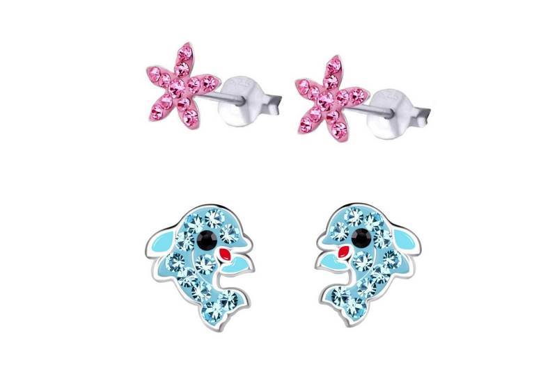 schmuck23 Ohrstecker-Set 2 x Kinderohrringe Delfin und pinke Blume 925 Silber (Geschenkset, Set aus 2 Paar Ohrringen mit 4 x extras Silikonverschluß), Mädchen Kinderschmuck 4 x Silikonverschluß extra von schmuck23