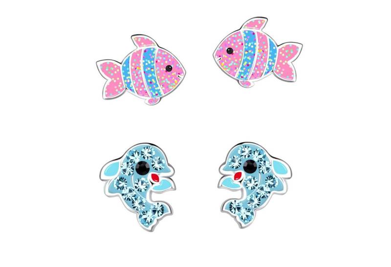 schmuck23 Ohrstecker-Set 2 x Kinderohrringe Delfin und pinker Fisch 925 Silber (Geschenkset, Set aus 2 Paar Ohrringen mit 4 x extras Silikonverschluß), Mädchen Kinderschmuck 4 x Silikonverschluß extra von schmuck23