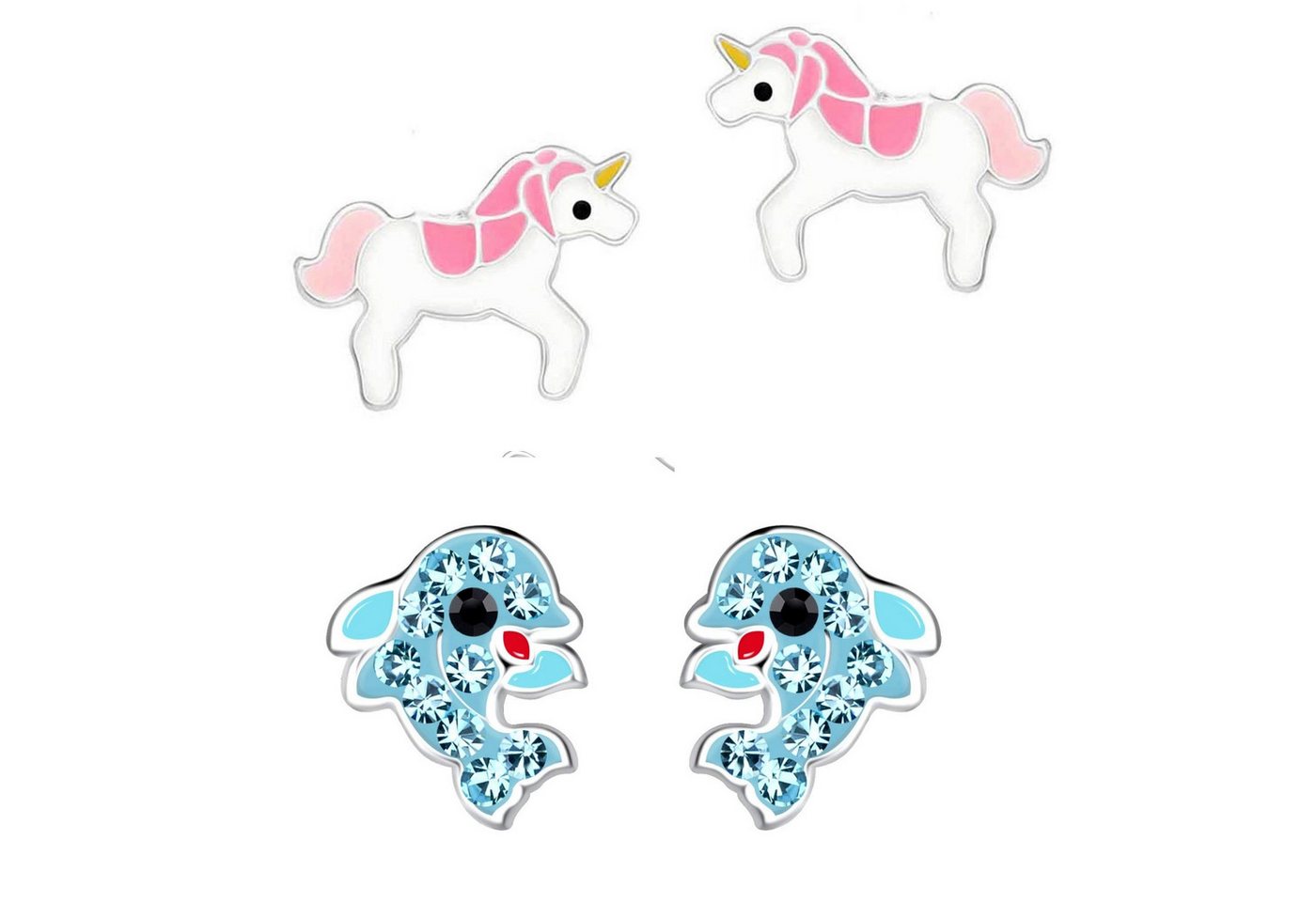 schmuck23 Ohrstecker-Set 2 x Kinderohrringe Delfin und rosa Einhorn 925 Silber (Geschenkset, Set aus 2 Paar Ohrringen), Mädchen Kinderschmuck 4 x Silikonverschluß extra von schmuck23