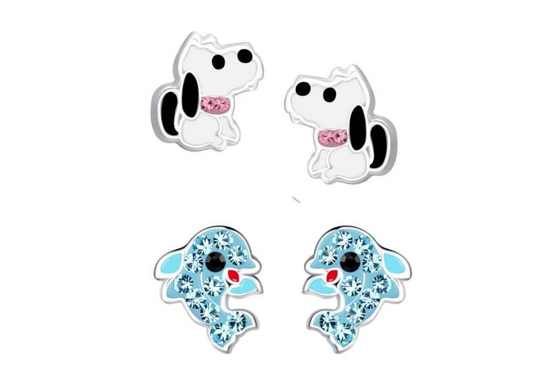 schmuck23 Ohrstecker-Set 2 x Kinderohrringe Delfin und weisser Hund 925 Silber (Geschenkset, Set aus 2 Paar Ohrringen), Mädchen Kinderschmuck 4 x Silikonverschluß extra von schmuck23