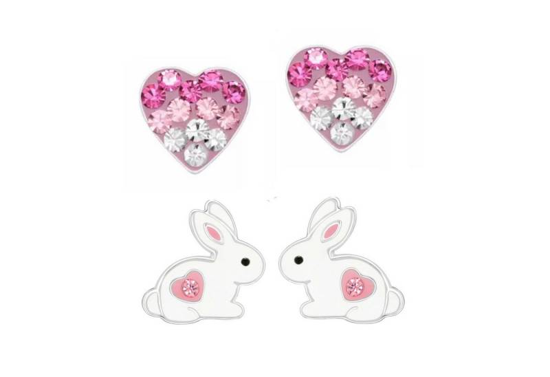 schmuck23 Ohrstecker-Set 2 x Kinderohrringe Hase und Kristall Herz 925 Silber (Geschenkset, Set aus 2 Paar Ohrringen mit 4 x extras Silikonverschluß), Mädchen Kinderschmuck 4 x Silikonverschluß extra von schmuck23