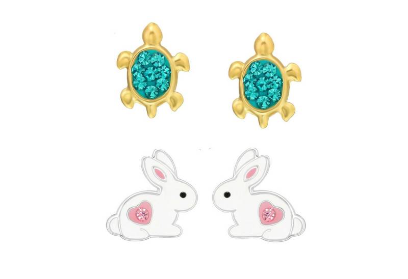 schmuck23 Ohrstecker-Set 2 x Kinderohrringe Hase und Schildkröte gold 925 Silber (Geschenkset, Set aus 2 Paar Ohrringen mit 4 x extras Silikonverschluß), Mädchen Kinderschmuck 4 x Silikonverschluß extra von schmuck23