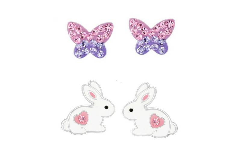 schmuck23 Ohrstecker-Set 2 x Kinderohrringe Hase und Schmetterling 925 Silber (Geschenkset, Set aus 2 Paar Ohrringen mit 4 x extras Silikonverschluß), Mädchen Kinderschmuck 4 x Silikonverschluß extra von schmuck23