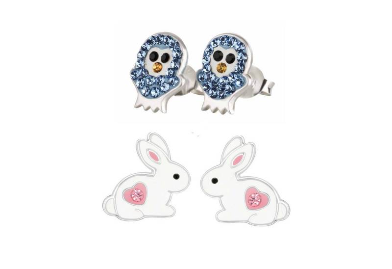 schmuck23 Ohrstecker-Set 2 x Kinderohrringe Hase und blaue Eule 925 Silber (Geschenkset, Set aus 2 Paar Ohrringen mit 4 x extras Silikonverschluß), Mädchen Kinderschmuck 4 x Silikonverschluß extra von schmuck23
