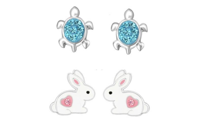 schmuck23 Ohrstecker-Set 2 x Kinderohrringe Hase und blaue Schildkröte 925 Silber (Geschenkset, Set aus 2 Paar Ohrringen mit 4 x extras Silikonverschluß), Mädchen Kinderschmuck 4 x Silikonverschluß extra von schmuck23