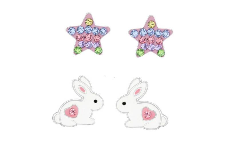 schmuck23 Ohrstecker-Set 2 x Kinderohrringe Hase und bunter Stern 925 Silber (Geschenkset, Set aus 2 Paar Ohrringen mit 4 x extras Silikonverschluß), Mädchen Kinderschmuck 4 x Silikonverschluß extra von schmuck23