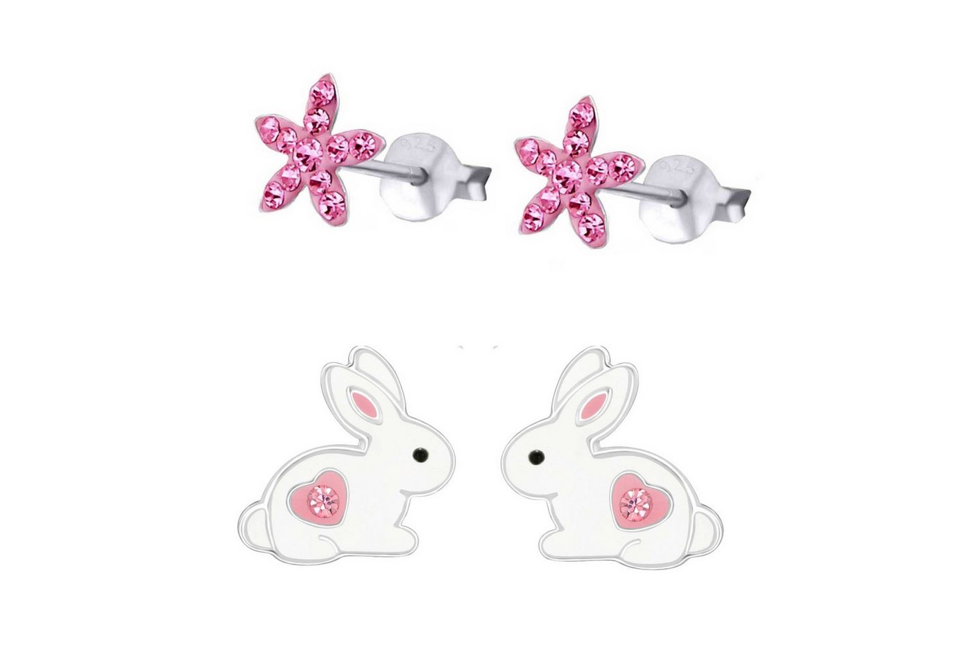 schmuck23 Ohrstecker-Set 2 x Kinderohrringe Hase und pinke Blume 925 Silber (Geschenkset, Set aus 2 Paar Ohrringen mit 4 x extras Silikonverschluß), Mädchen Kinderschmuck 4 x Silikonverschluß extra von schmuck23
