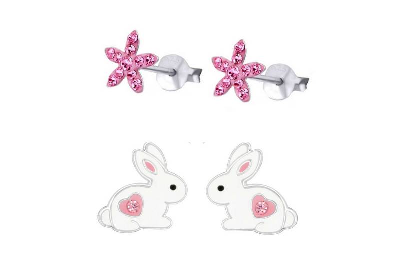 schmuck23 Ohrstecker-Set 2 x Kinderohrringe Hase und pinke Blume 925 Silber (Geschenkset, Set aus 2 Paar Ohrringen mit 4 x extras Silikonverschluß), Mädchen Kinderschmuck 4 x Silikonverschluß extra von schmuck23