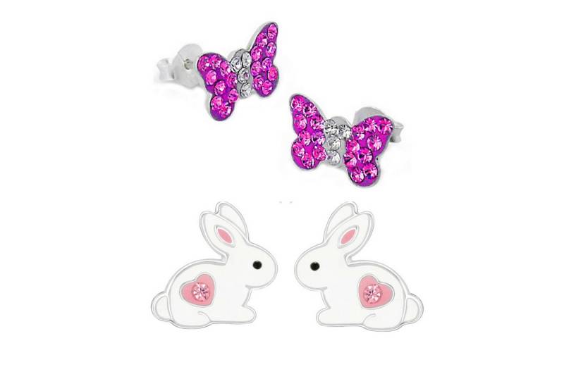 schmuck23 Ohrstecker-Set 2 x Kinderohrringe Hase und pinker Schmetterling 925 Silber (Geschenkset, Set aus 2 Paar Ohrringen mit 4 x extras Silikonverschluß), Mädchen Kinderschmuck 4 x Silikonverschluß extra von schmuck23