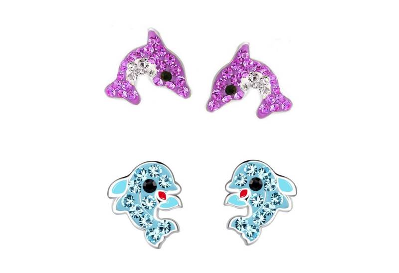 schmuck23 Ohrstecker-Set 2 x Kinderohrringe Kristal Delfin blau und pink 925 Silber (Geschenkset, Set aus 2 Paar Ohrringen mit 4 x extras Silikonverschluß), Mädchen Kinderschmuck 4 x Silikonverschluß extra von schmuck23