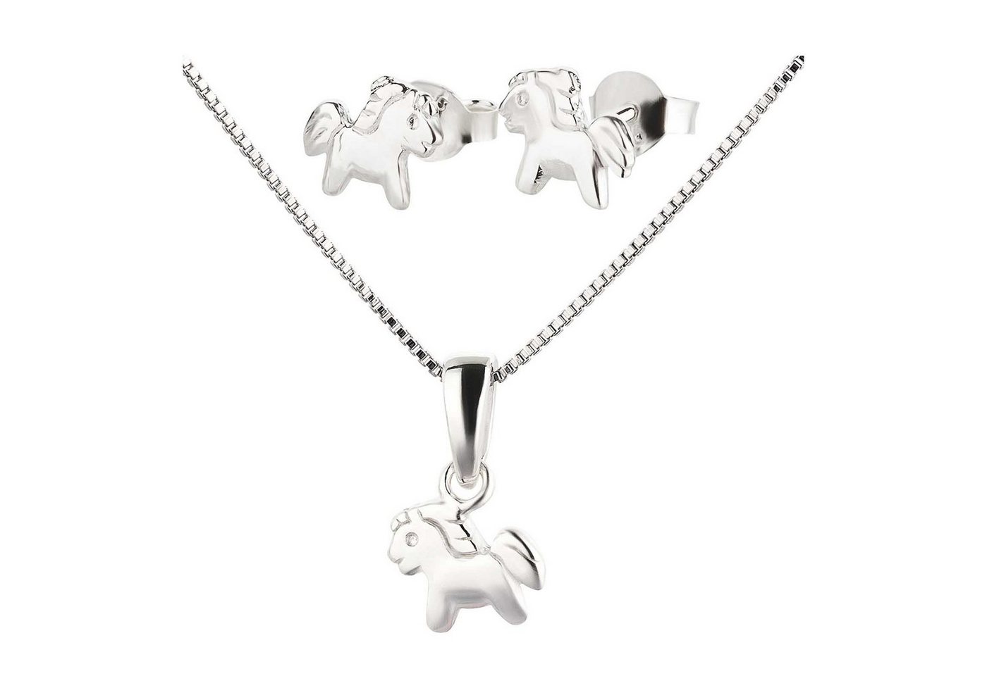 schmuck23 Ohrstecker-Set Anhänger mit Kette Kinder Ohrringe Pferd Pony 925 Silber Set (Set aus Ohrringen, Anhänger und Kette), Schmuck Set, Halskette, Kinderschmuck, Mädchen, Geschenkset von schmuck23