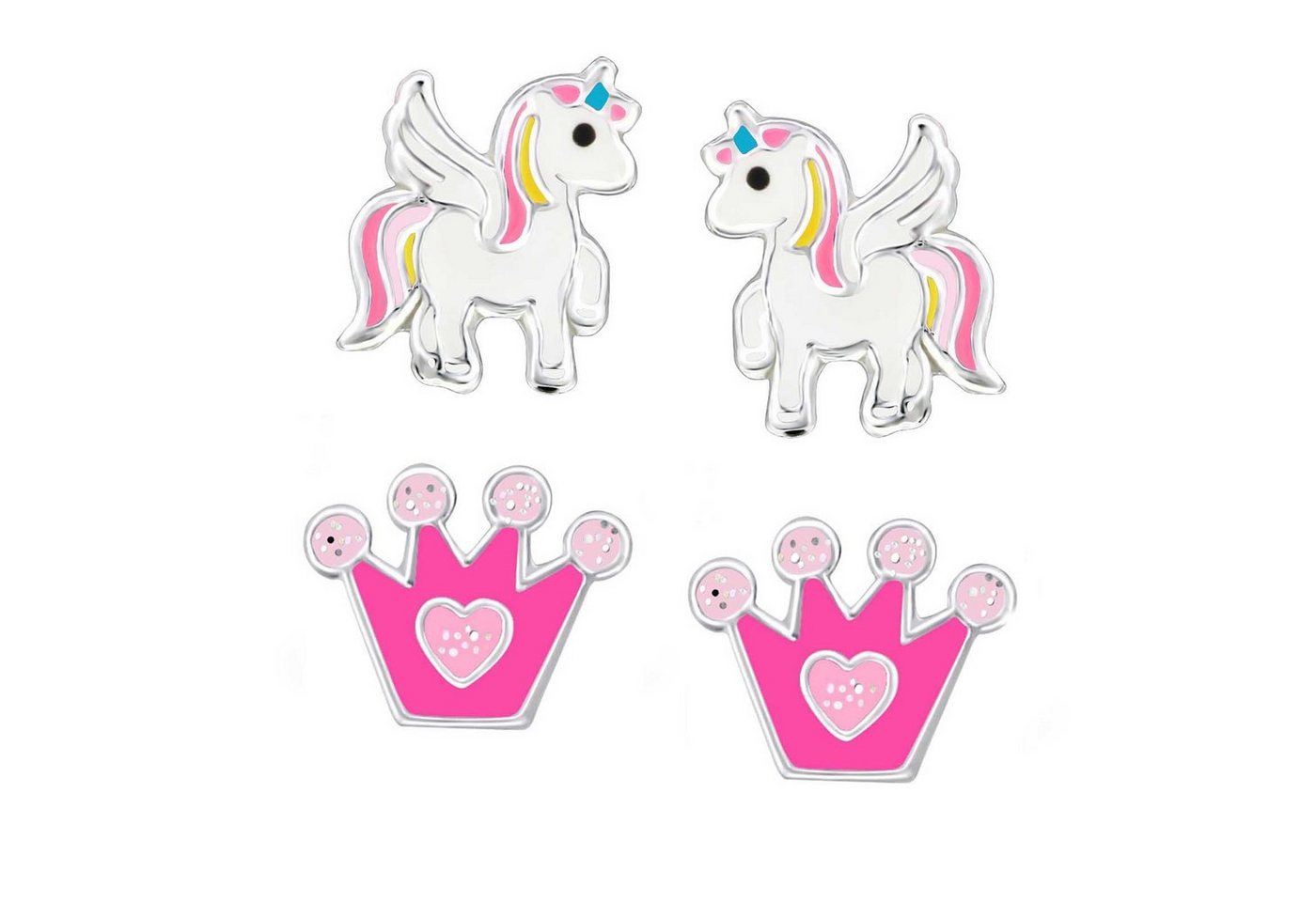 schmuck23 Paar Ohrstecker 2 Paar Kinder Ohrringe Krone Einhorn Pferd 925 Silber Mädchen (Set, Set aus 2 Paar Ohrringen), Mädchen Kinderschmuck echte Silberohrringe von schmuck23