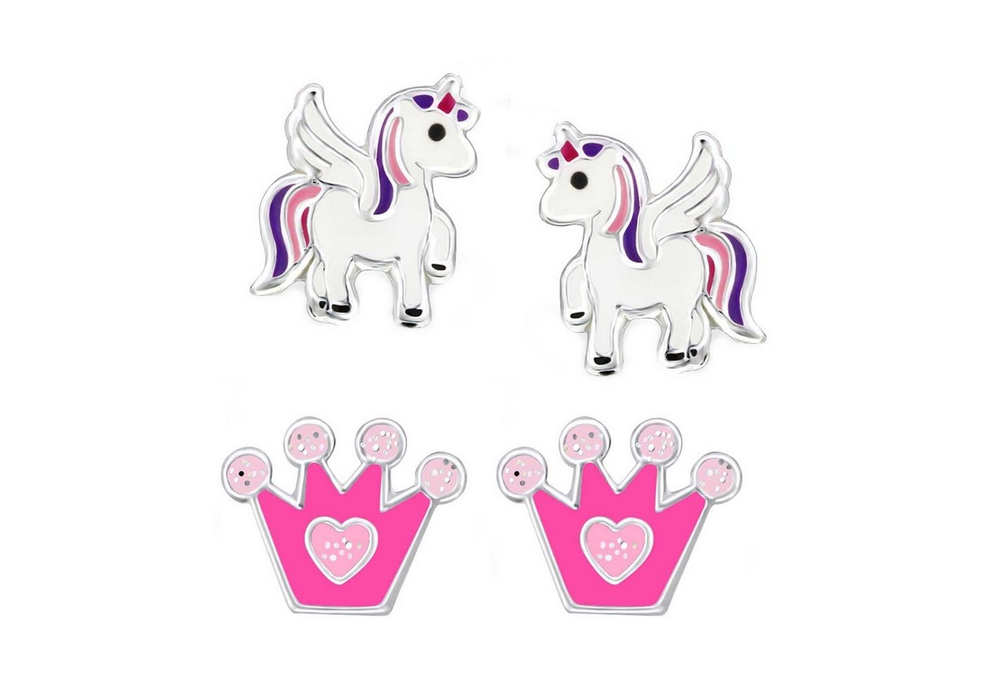 schmuck23 Paar Ohrstecker 2 Paar Kinder Ohrringe Krone Einhorn Pferd 925 Silber Mädchen (Set, Set aus 2 Paar Ohrringen), Mädchen Kinderschmuck echte Silberohrringe von schmuck23