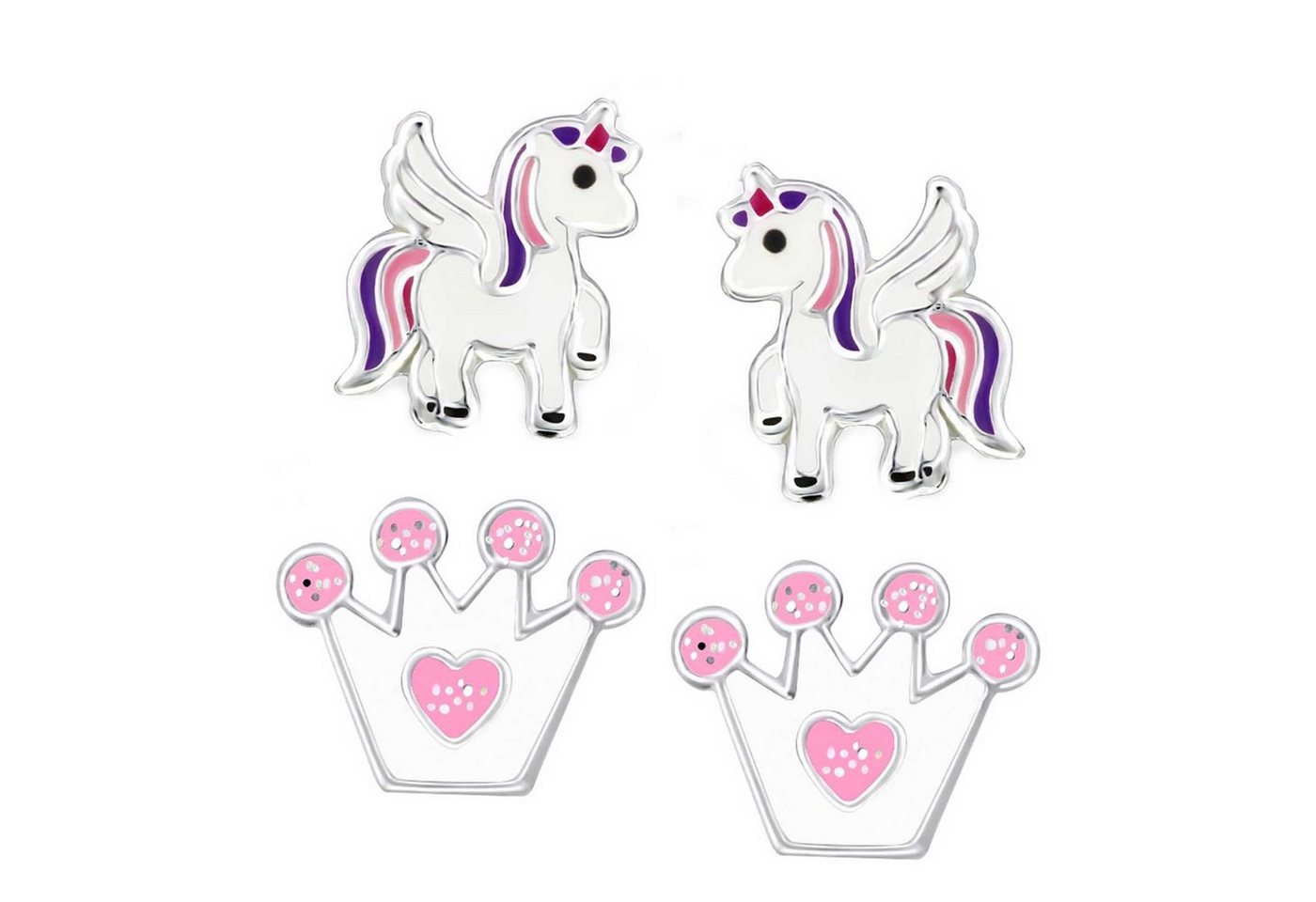 schmuck23 Paar Ohrstecker 2 Paar Kinder Ohrringe Krone Einhorn Pferd 925 Silber Mädchen (Set, Set aus 2 Paar Ohrringen), Mädchen Kinderschmuck echte Silberohrringe von schmuck23