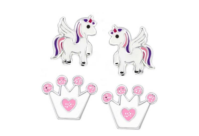 schmuck23 Paar Ohrstecker 2 Paar Kinder Ohrringe Krone Einhorn Pferd 925 Silber Mädchen (Set, Set aus 2 Paar Ohrringen), Mädchen Kinderschmuck echte Silberohrringe von schmuck23