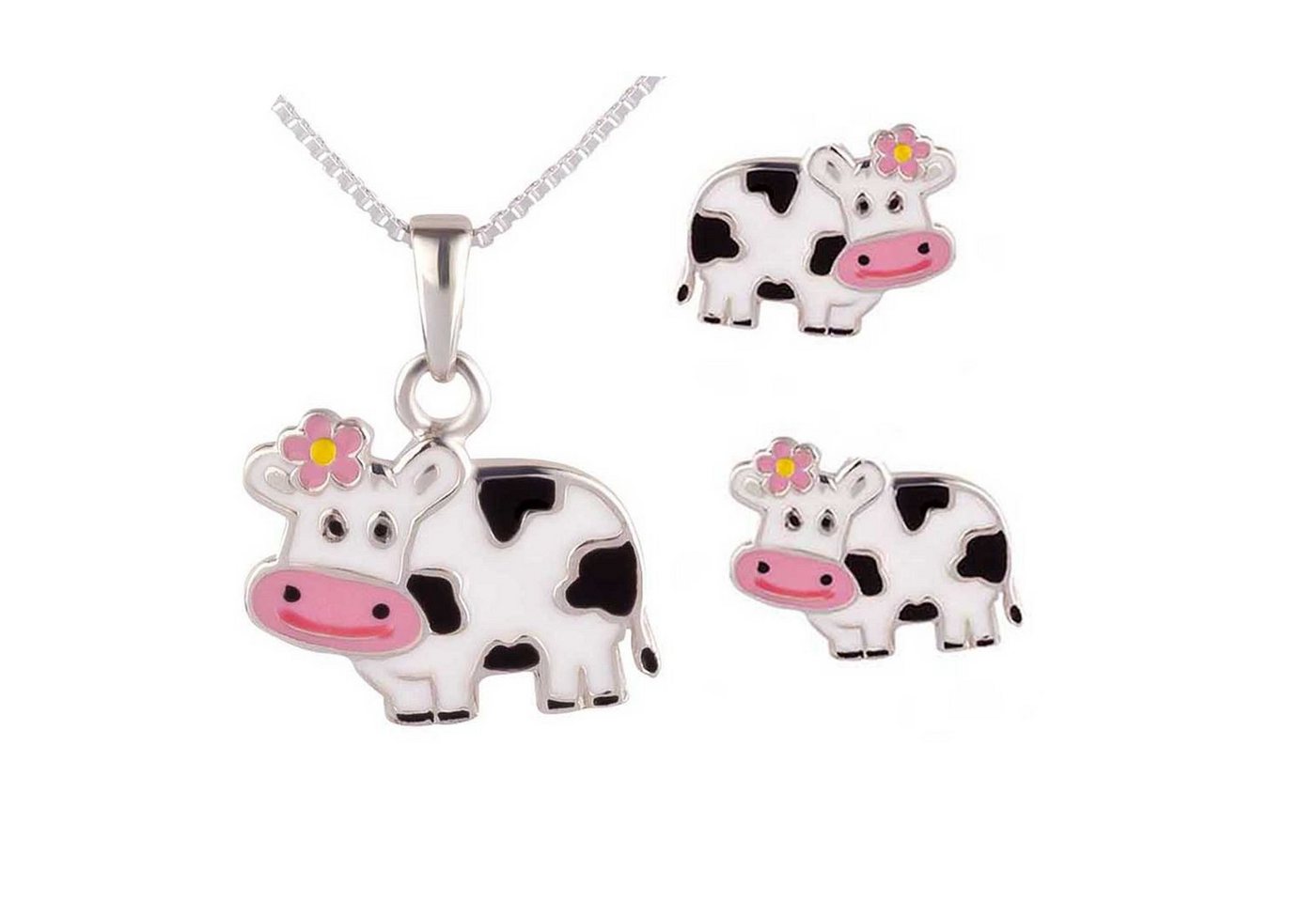 schmuck23 Paar Ohrstecker Kinder Ohrringe Anhänger Kette Kuh 925 Silber Mädchen Schmuckset (Set, Anhänger mit Halskette und Ohrringen), Mädchen Kinderschmuck echte Silberohrringe von schmuck23