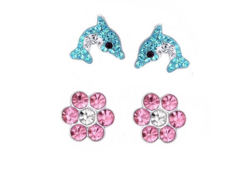 schmuck23 Paar Ohrstecker Kinder Ohrringe Delfin Blume echt 925 Sterling Silber (Set), Set von schmuck23