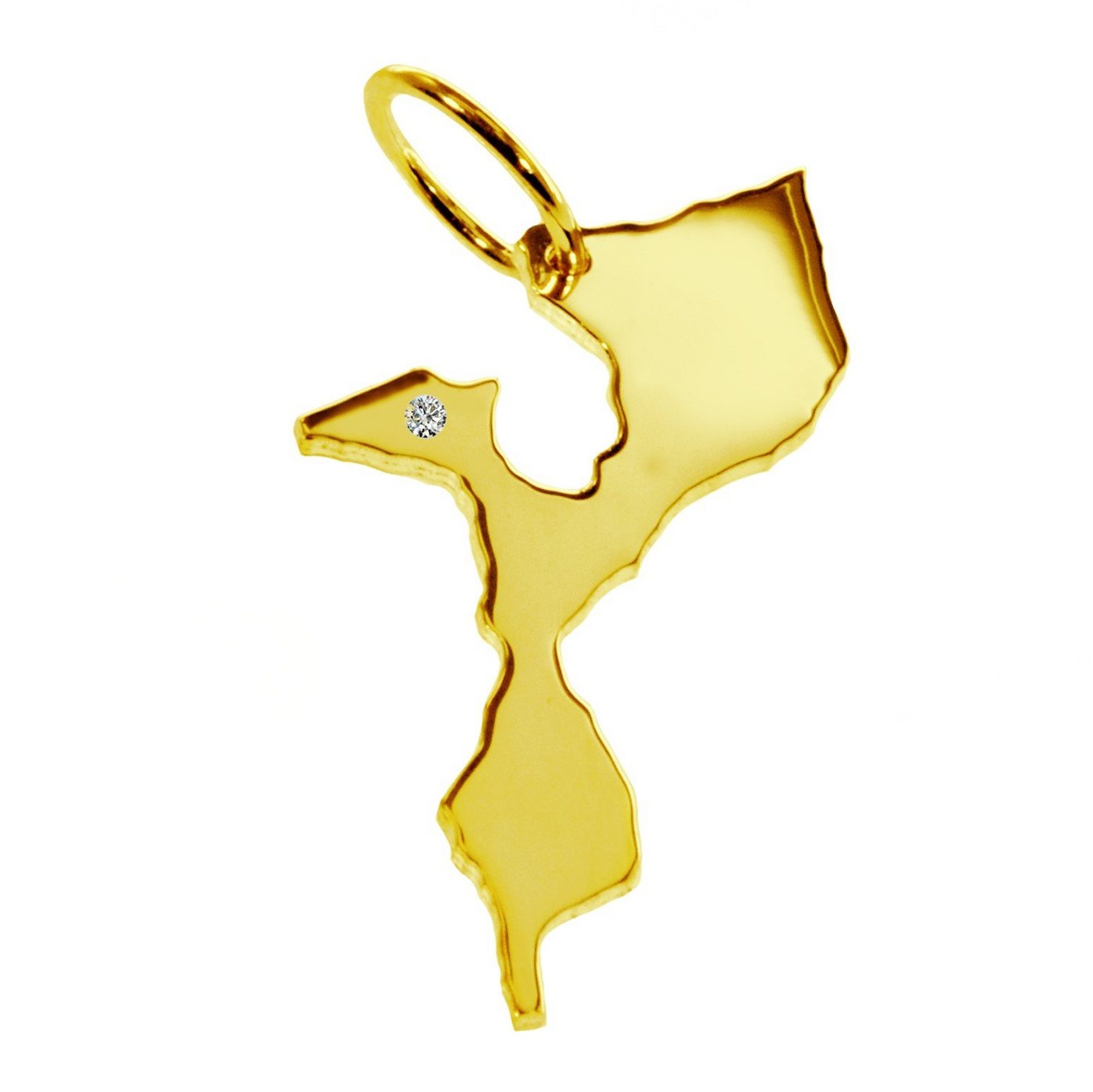 schmuckador Kettenanhänger Kettenanhänger in der Form von der Landkarte Mozambik mit Brillant 0,015ct an Ihrem Wunschort in massiv 585 Gelbgold von schmuckador