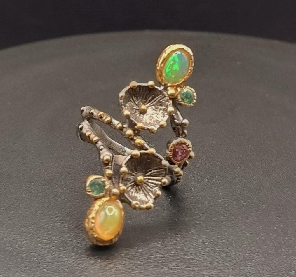Statement Außergewöhnliches Design Mit Opal Smaragd Rosa Turmalin in 925Er Geschwärztem Sterlingsilber Handarbeit Einzelstück von schmuckbewusst