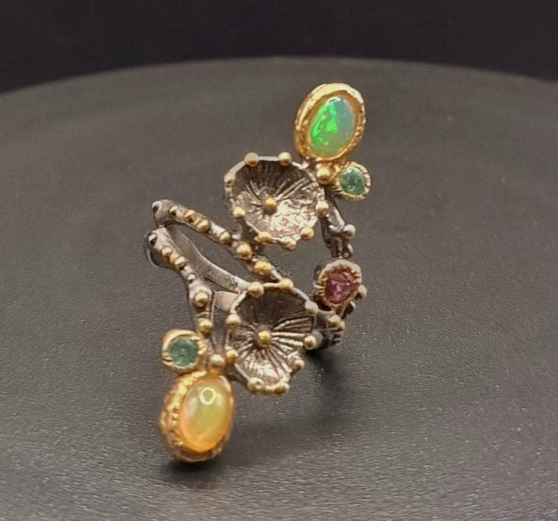 Statement Außergewöhnliches Design Mit Opal Smaragd Rosa Turmalin in 925Er Geschwärztem Sterlingsilber Handarbeit Einzelstück von schmuckbewusst