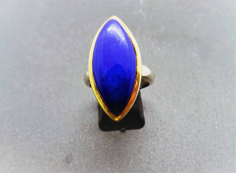 Statementring Bicolor Mit Lapis Lazuli Navett in 925Er Sterlingsilber Und 585 Gelbgold Handarbeit Einzelstück Geschenk Frau Freundin Tochter von schmuckbewusst
