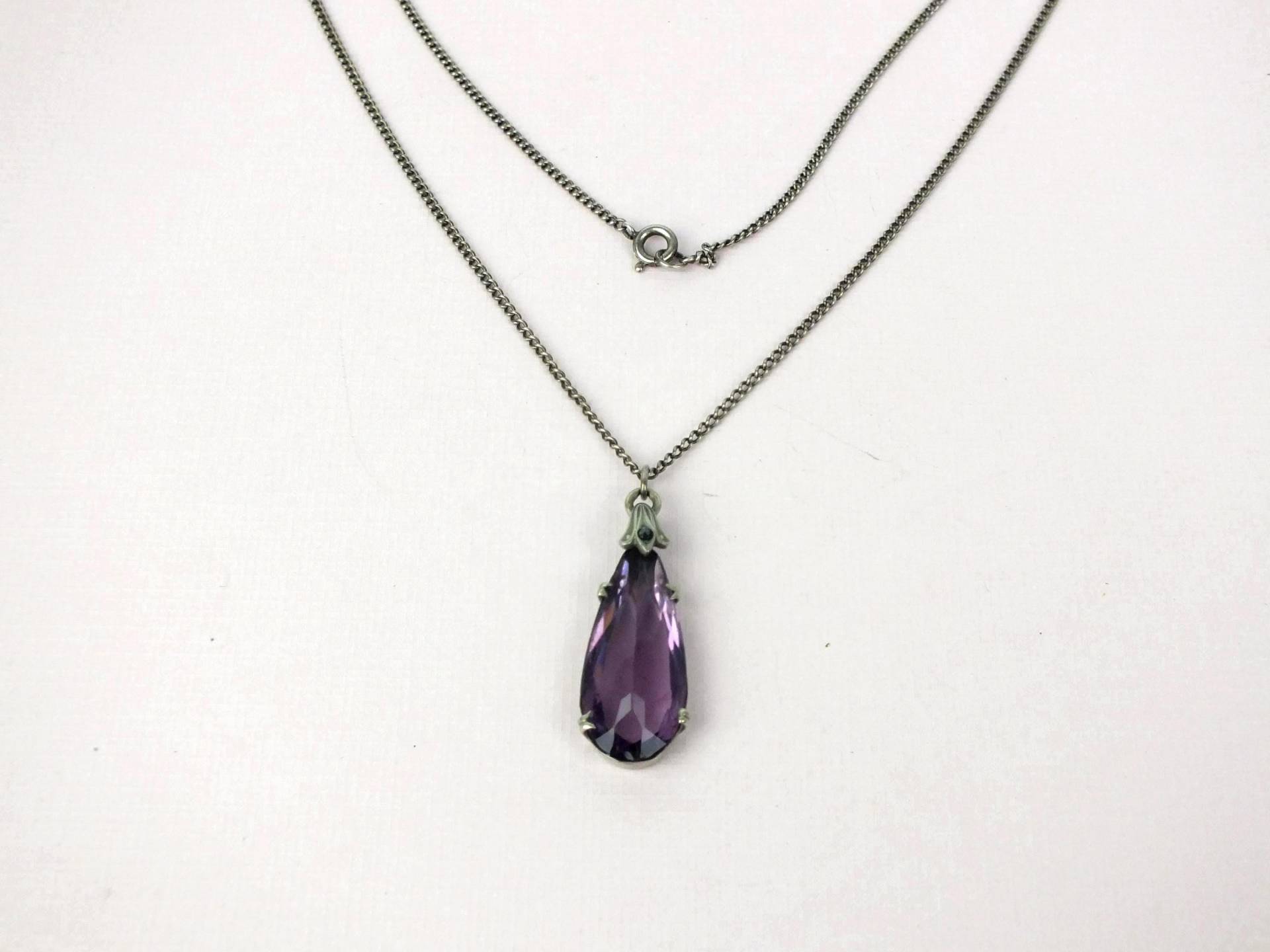 Antike 800Er Echt Silber Damen Lila Anhänger Kristall Halskette - Vintage Echt Schmuck von schmuckesBerlin
