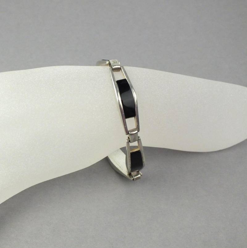 Vintage 835Er Silber Damen Armband Mit Schwarzer Emaille - Retro Echt Schmuck von schmuckesBerlin