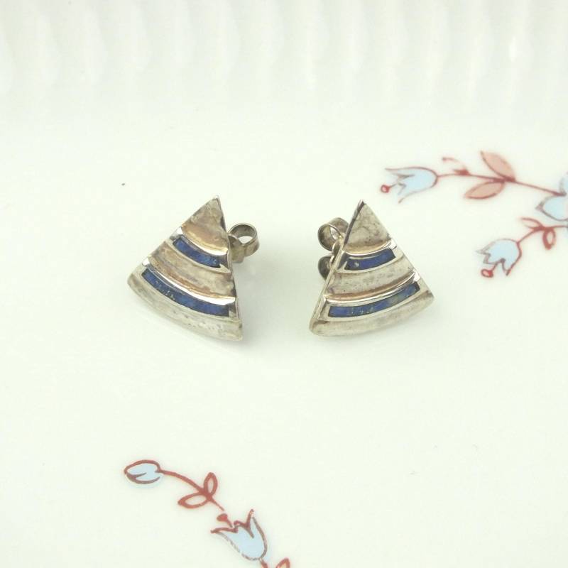 Vintage 925 Sterlingsilber Damen Ohrringe Mit Lapislazuli - Dreieck Ohrstecker Echt Schmuck Geschenk Für Sie Geburtstagsgeschenk von schmuckesBerlin