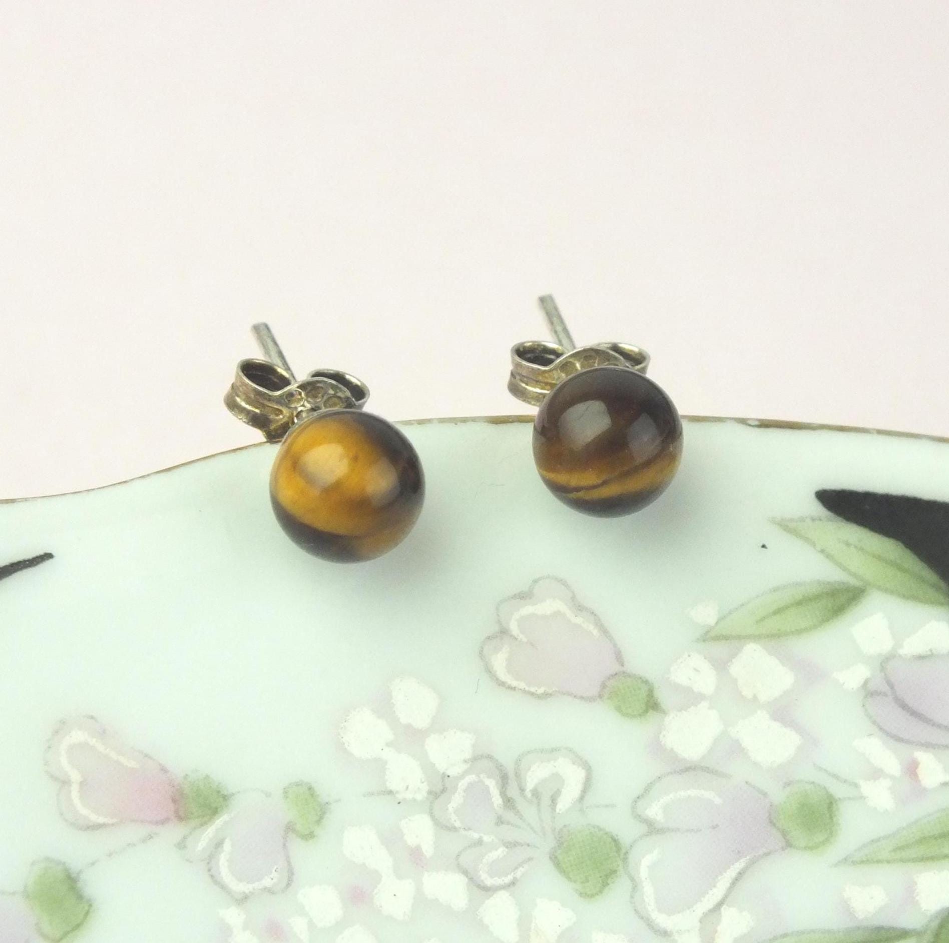 Vintage 925 Sterlingsilber Ohrringe Mit Tigerauge, Kleine Runde Damen Echt Schmuck Ohrstecker von schmuckesBerlin