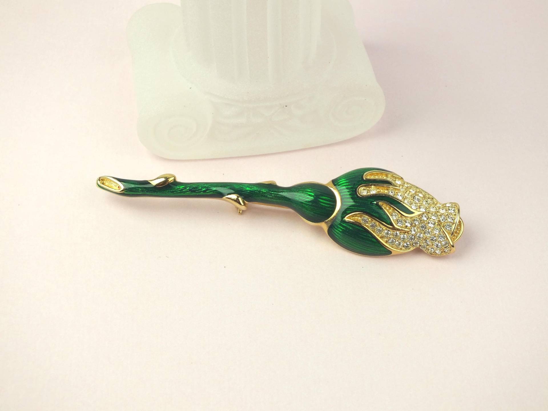 Vintage Christian Dior Tulpen Brosche Gold Mit Grüner Emaille Und Strass - Designer Modeschmuck Anstecker von schmuckesBerlin