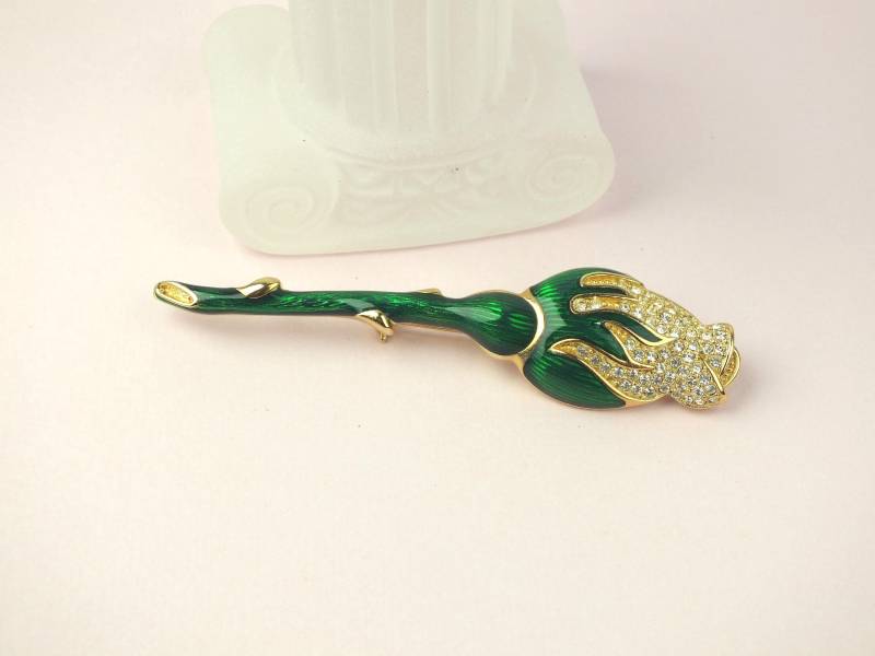 Vintage Christian Dior Tulpen Brosche Gold Mit Grüner Emaille Und Strass - Designer Modeschmuck Anstecker von schmuckesBerlin