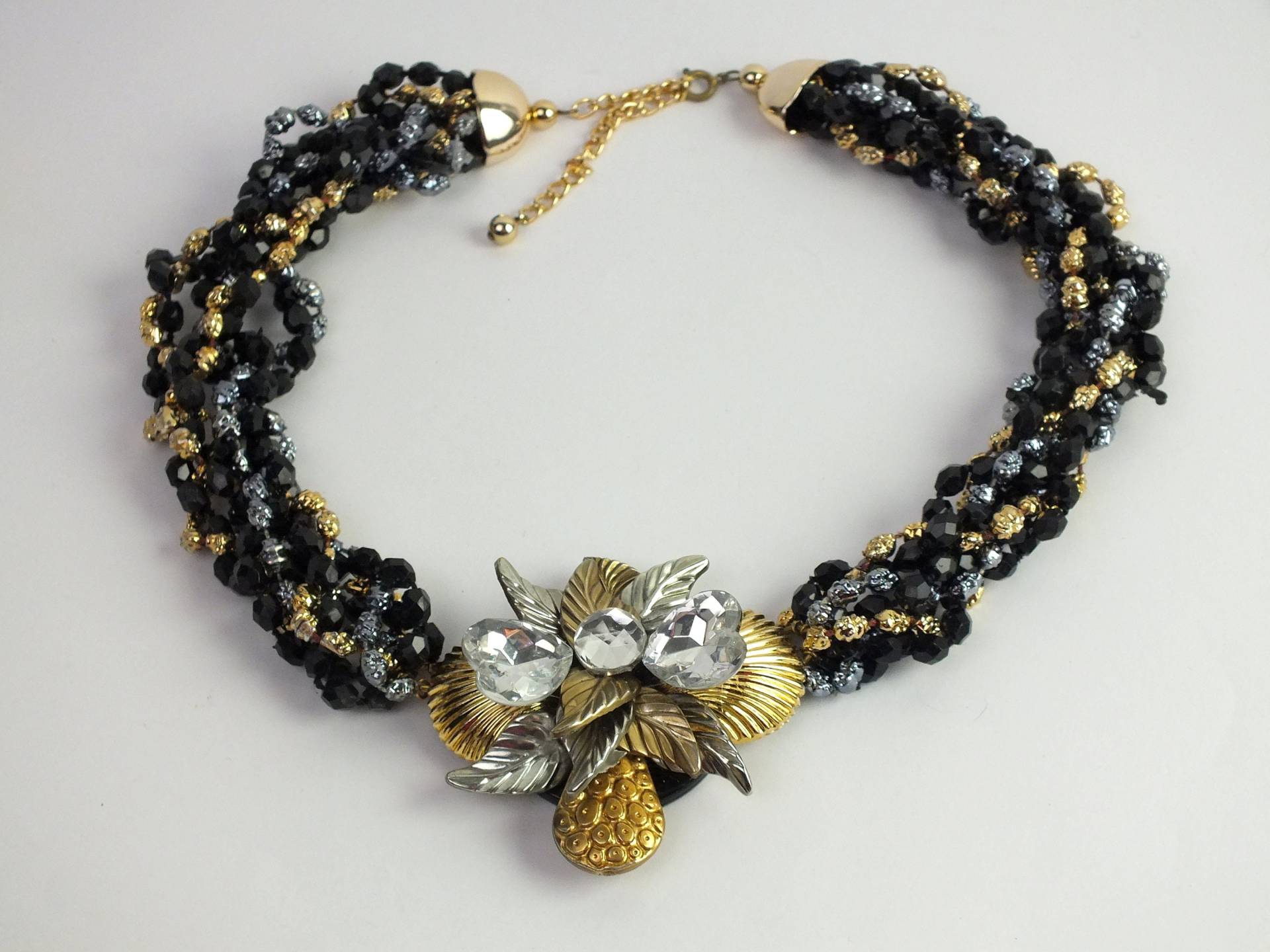 Vintage Damen Halskette Mit Strass Und Perlen Gold Schwarz Silber, Altes Modeschmuck Collier, Geschenk Für Sie, Geburtstagsgeschenk Frauen von schmuckesBerlin