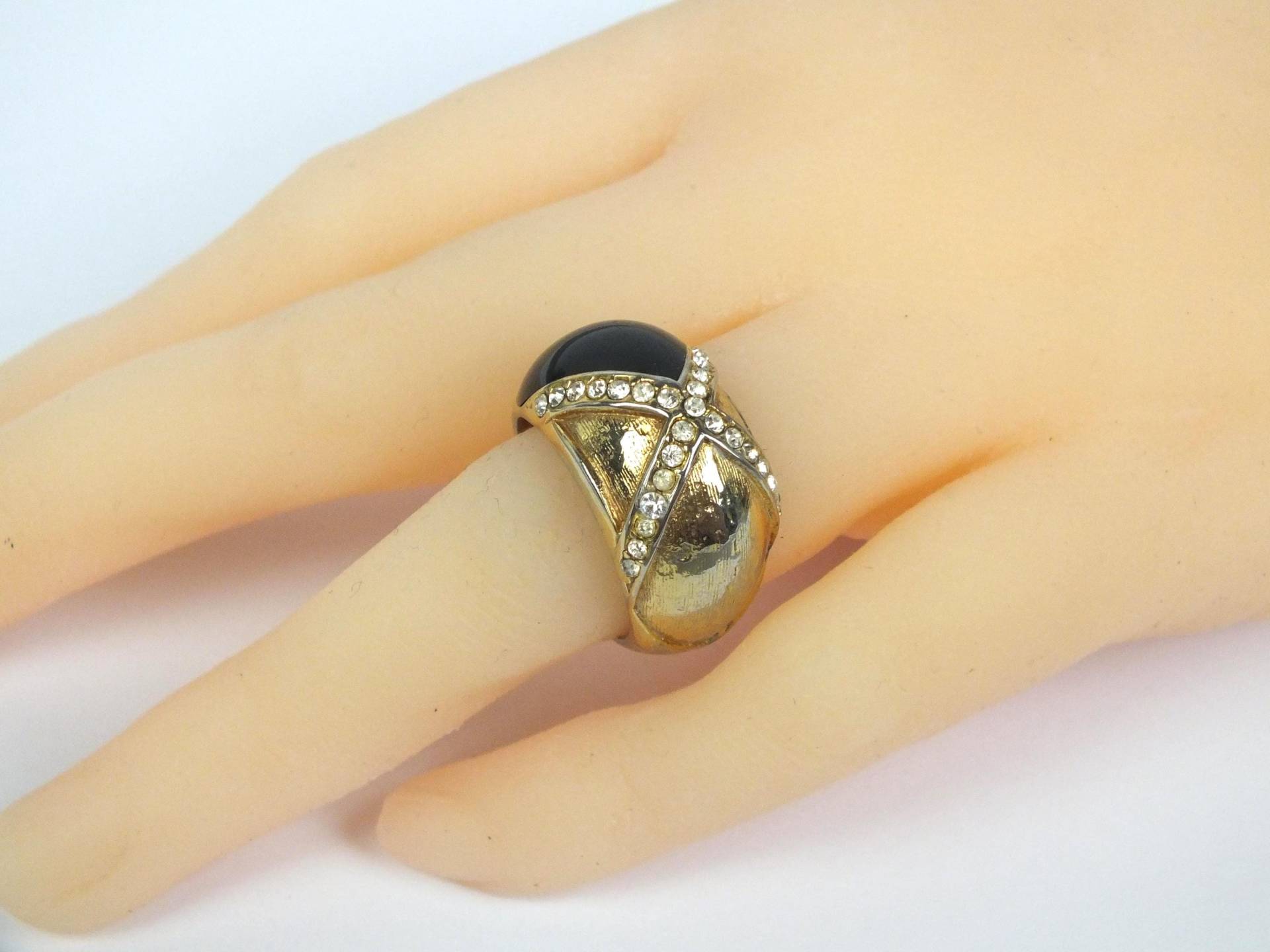 Vintage Grosse' Für Dior Damen Ring | Gold Und Silber Mit Strass & Schwarzer Emaille Statement Retro Modeschmuck 80Er von schmuckesBerlin