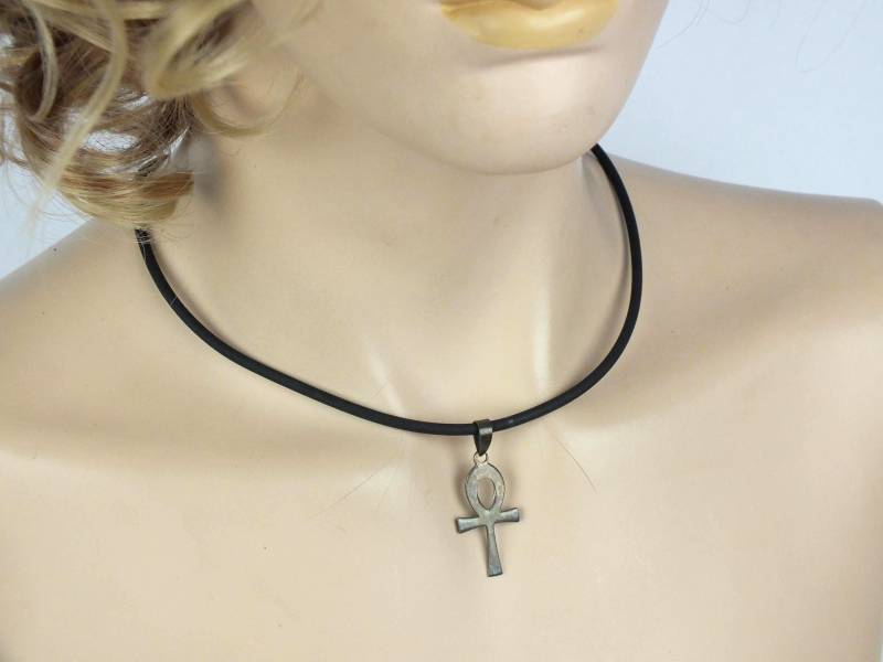 Vintage Halskette Damen 925 Sterling Silber | Henkelkreuz Anhänger Am Gummiband Echt Schmuck von schmuckesBerlin