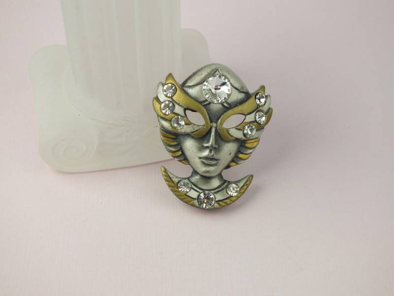 Vintage Masken Broschen Silberfarben Mit Gold Und Strass - Alter Modeschmuck 80Er Jahre Anstecknadel Ostergeschenk Geschenk Für Sie von schmuckesBerlin