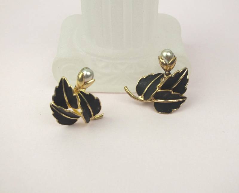 Vintage Ohrclips Blätter Mit Perle Schwarz Gold - Damen Ohrringe Ohne Loch Alter Modeschmuck 60Er Jahre von schmuckesBerlin