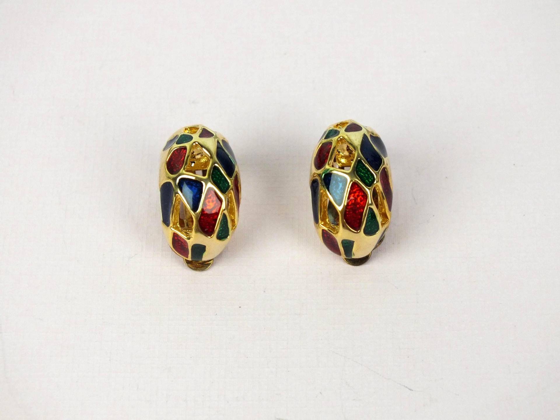 Vintage Ohrclips | Gold Mit Blauer, Grüner & Roter Emaille Große Halb-Creolen Ohne Ohrloch von schmuckesBerlin