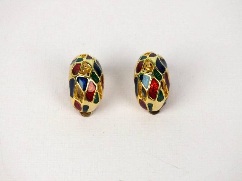 Vintage Ohrclips | Gold Mit Blauer, Grüner & Roter Emaille Große Halb-Creolen Ohne Ohrloch von schmuckesBerlin